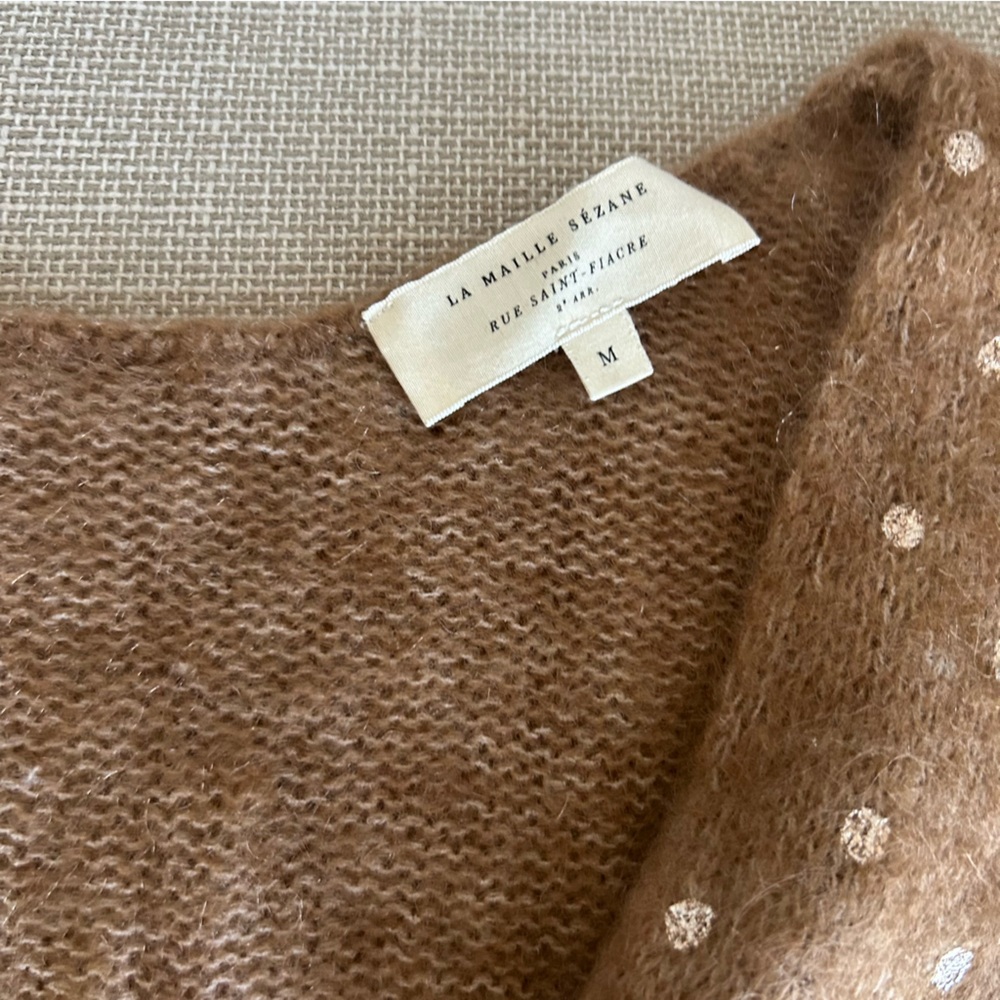 BEST Sezane Lizy Cardigan Camel Gold Polka Dot French Wool Causal - Picture 6 of 9